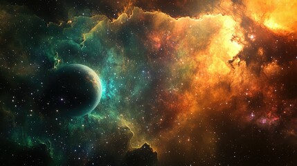 Fototapeta premium Stunning Cosmic Scene Featuring A Distant Planet Surrounded By Colorful Nebulae And A Sea Of Stars, Representing The Beauty Of Outer Space Exploration