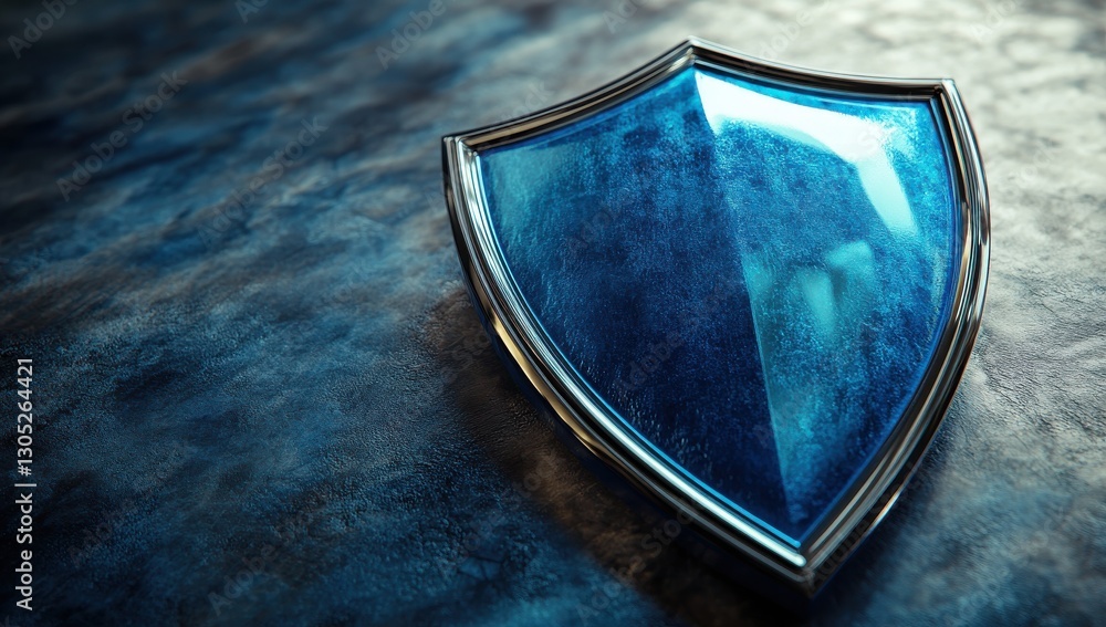 Poster blue shield with metallic edge on textured background suitable for representing protection, security