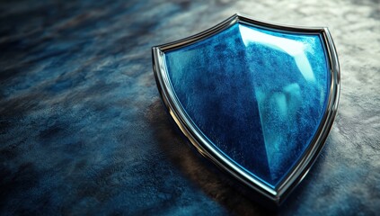 Blue Shield with Metallic Edge on Textured Background Suitable for Representing Protection, Security, Defense, or Trust in Various Creative Projects