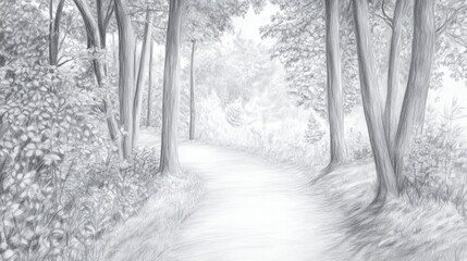Serene Forest Path: Pencil Sketch Landscape. (1)