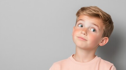 Curious young boy tilting his head, pondering deeply, curious expression, neutral gray background, room for text.