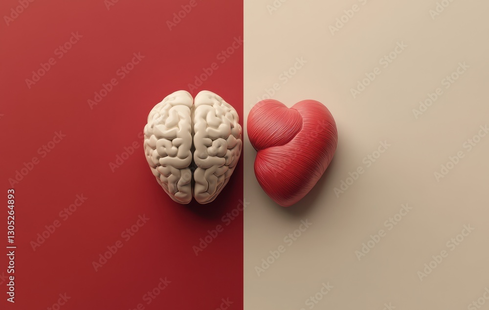 Poster brain and heart representation symbolizing the connection between logic and emotion in mental health