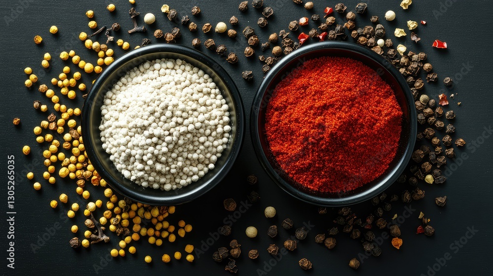 Poster a colorful arrangement of spices in bowls with various peppercorns and mustard seeds on a dark surfa