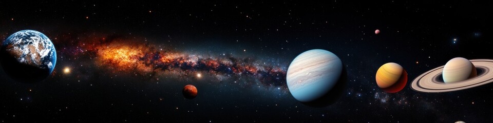 Obraz premium Cosmic Visualization Immersive Deep Space Panorama Exploring Planetary Diversity and Astronomical Wonder for Next-Gen Scientific Communication