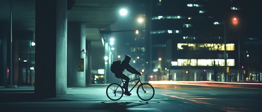 Cyclist riding a bicycle through the illuminated streets of a city on a rainy night  Motion blur effect creates a sense of speed and movement highlighting the urban environment and infrastructure
