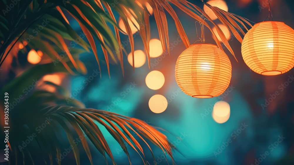 Poster warm glowing lanterns amidst tropical foliage creating a serene atmosphere in a mysterious evening s