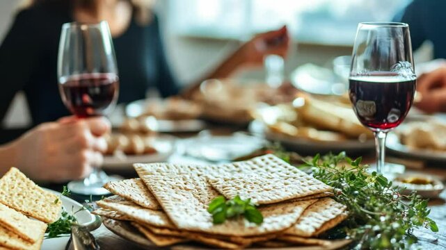 A festive table set with matzo, wine, and fresh herbs, evoking a warm and traditional gathering