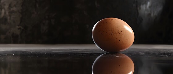 Solitary brown egg resting on a reflective surface creating a dramatic shadow and highlighting the simplicity and natural beauty of this essential ingredient