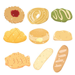 Illustration set of desserts and bakery items. Such as cakes, bread. Separate background.
