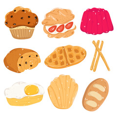 Illustration set of desserts and bakery items. Such as cakes, bread. Separate background.
