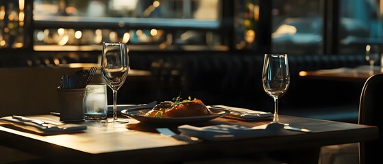 A beautifully presented gourmet meal sitting on a sleek modern table in a contemporary restaurant setting with dramatic cinematic lighting creating a atmosphere