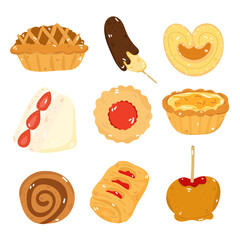 Illustration set of desserts and bakery items. Such as cakes, bread. Separate background.
