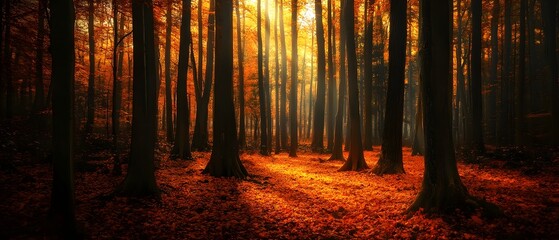 An enchanted forest in the throes of autumn its towering trees ablaze with a stunning display of vibrant orange foliage bathed in a captivating