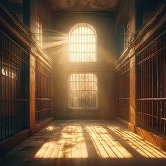 Fototapeta premium old grunge empty abandoned jail cell with sunlight streaming through bars