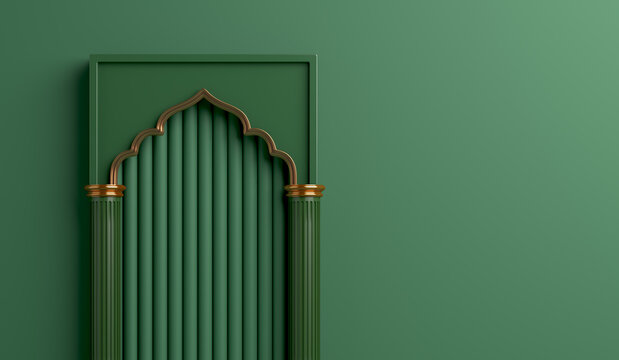Islamic mosque window on green background, Ramadan Kareem eid al fitr adha, muharram, 3D illustration