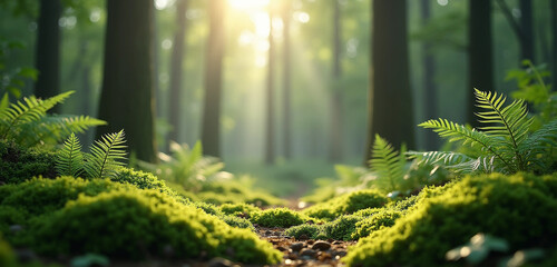 Obraz premium Tranquil Forest with Ferns and Moss in Sunlight – Nature Photography