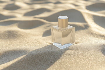 Luxury perfume bottle on a sunny beach. Summer fragrance concept.