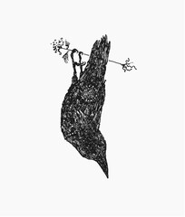 Detailed black and white hand-drawn illustration of a raven hanging upside down by its claws on a wire. The artwork is created in an engraving or etching style, emphasizing intricate textures and a vi