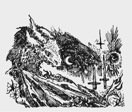 Highly detailed black and white hand-drawn illustration featuring a surreal fusion of a wolf or dragon-like creature with mystical and occult elements. The composition includes celestial symbols, swor