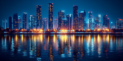 Stunning city skyline reflecting on water at night with vibrant lights