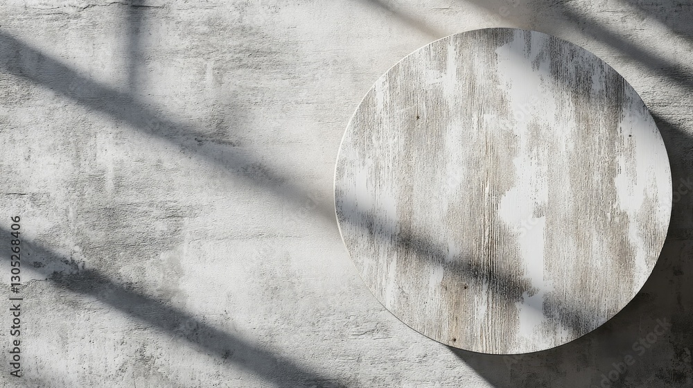 Poster circular wooden object on a textured concrete wall with shadow patterns creating visual interest and