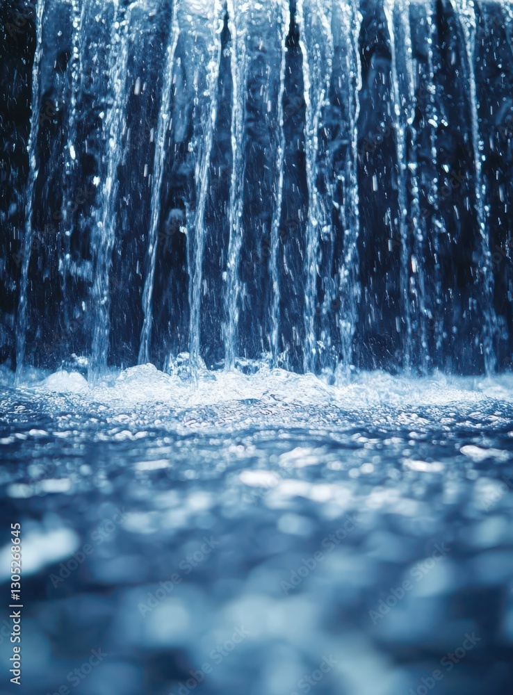 Poster Captivating close-up of a cascading waterfall with crystal-clear water droplets creating a serene atmosphere and soothing background for nature enthusiasts