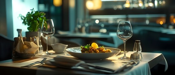 Exquisite dining experience with a gourmet meal presented on a beautifully set table in a contemporary restaurant setting featuring cinematic lighting and a sophisticated elegant ambiance