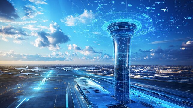 Futuristic Control Tower with Digital Interactions Over Airport Scene