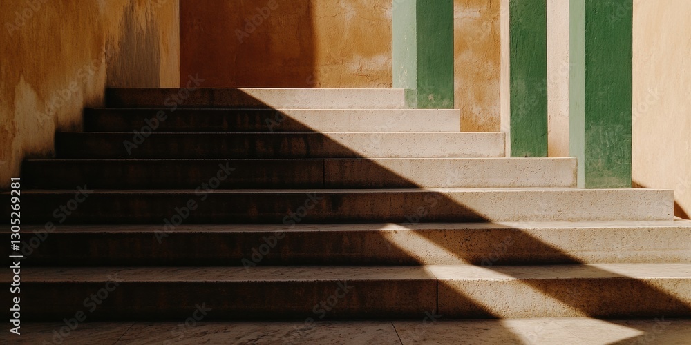 Poster Minimalist Architectural Gradient Vintage Concrete Stairs with Warm Ochre and Sage Shadows - Contemporary Design Narrative and Spatial Composition