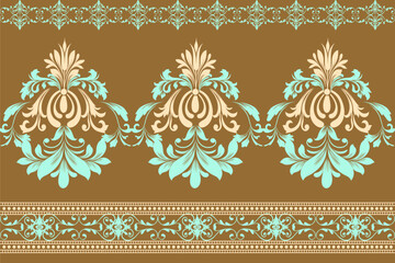 Earth Tone Floral Border Design  Soft beige and aqua floral pattern with symmetrical ornamentation, ideal for textile prints.