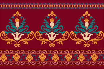 Bold Floral Red Border Design Striking red background with blue and gold floral details, great for textile and decorative use.