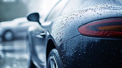 Obraz premium Sleek Black Car Under Rain with Raindrops on Surface and High Detail