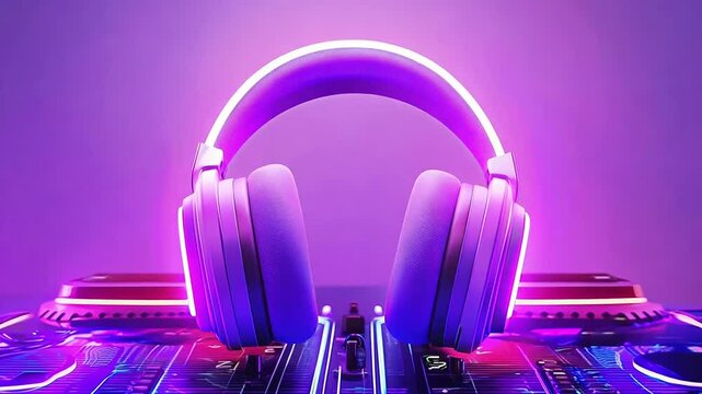 Vibrant headphones with neon lights showcase a futuristic look on a dj mixer