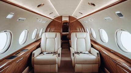 Luxurious Interior of a Private Jet Cabin with Cream Leather Seating