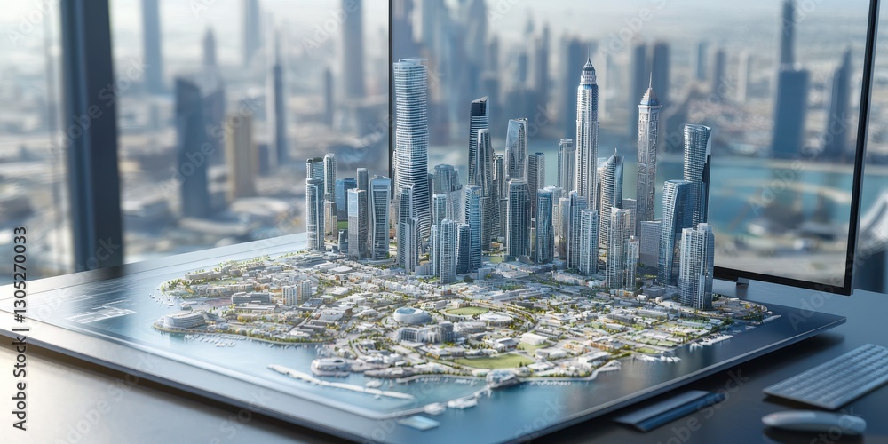 Poster development, resources, and implementation. a futuristic city model displayed on a digital platform 