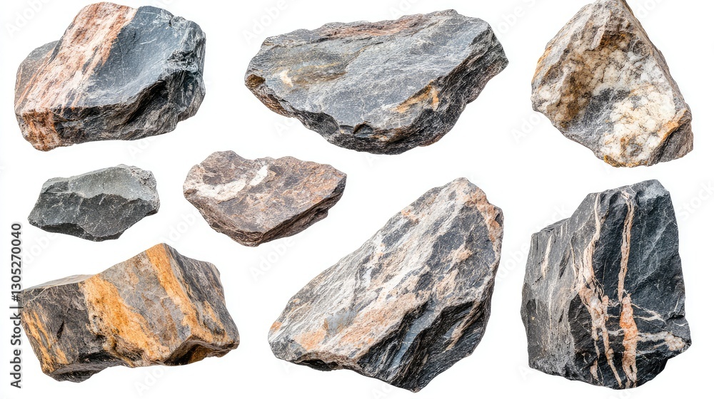 Poster a collection of various natural rock varieties with unique colors and textures, displaying striking 