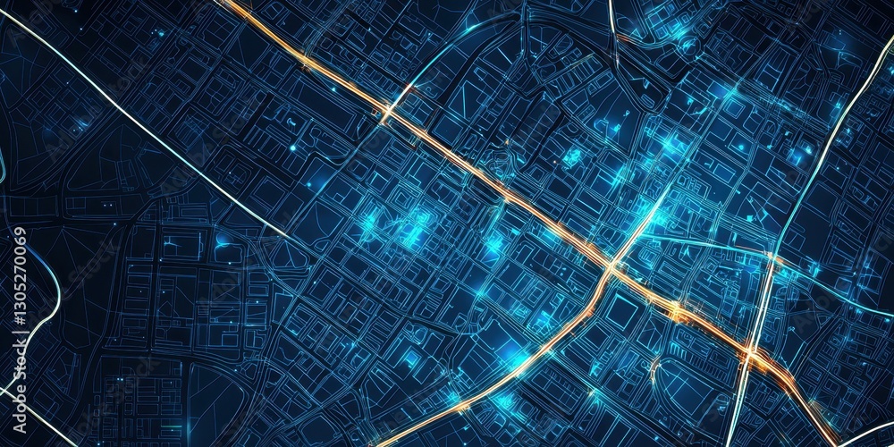 Poster development, resources, and implementation. abstract aerial view of illuminated roads and vibrant ci