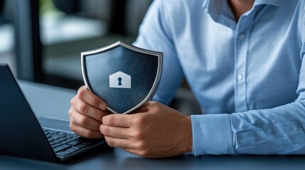 A businessman shows a shield symbolizing data security while surrounded by digital connections on a blue background