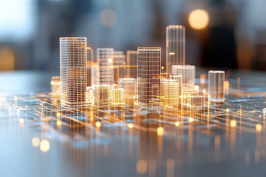 Development, resources, and implementation. Futuristic city skyline with glowing digital elements and abstract architecture.