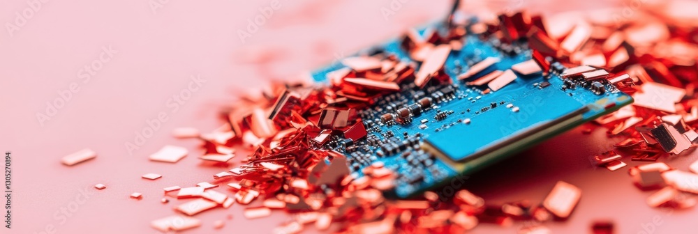 Poster circular economy tech innovation high-performance circuit board surrounded by metallic fragments - n