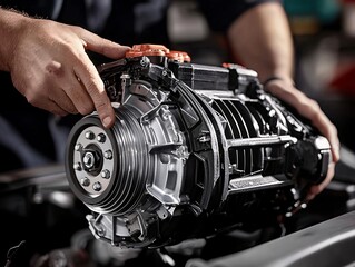 Close-Up View of Individual Working on Automotive Engine Component