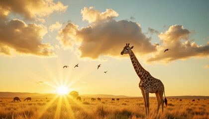 Obraz premium Giraffe standing in savanna at sunrise, nature's beauty