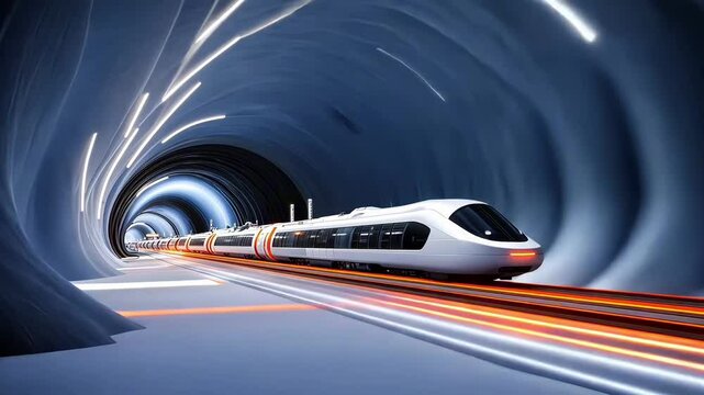 White high speed train traversing a futuristic tunnel with dynamic lighting