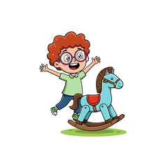 Boy Excitingly Playing with Blue Rocking Horse Toy on Green Field