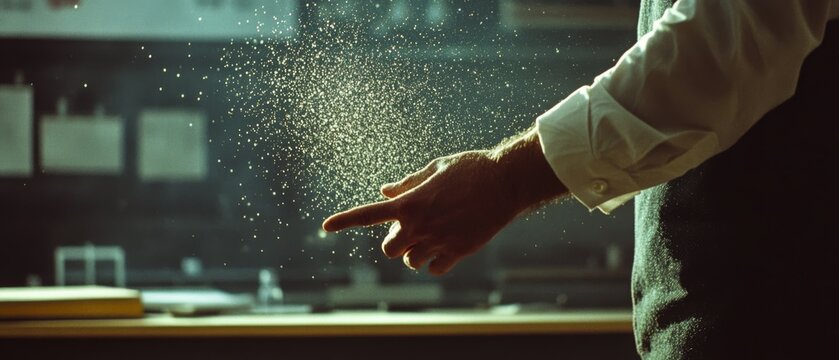 A hand elegantly gestures through a dust-filled sunbeam, capturing the ethereal dance of particles against a dimly lit background.