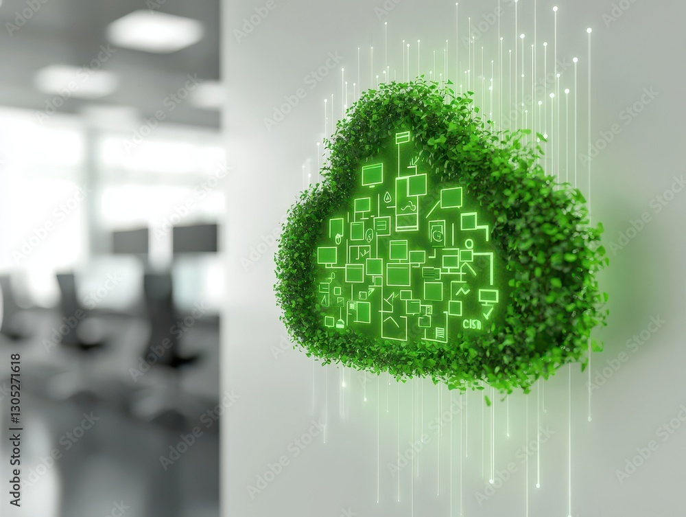 Poster development, resources, and implementation. green cloud symbol with digital elements, representing t