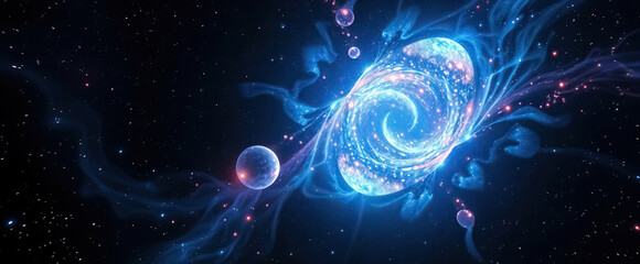 artist rendition of celestial formation in deep space featuring swirling nebulas and distant planets