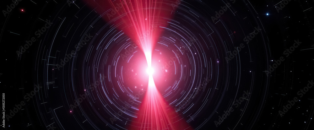 Poster abstract digital art featuring bright central light source radiating energy through concentric circl