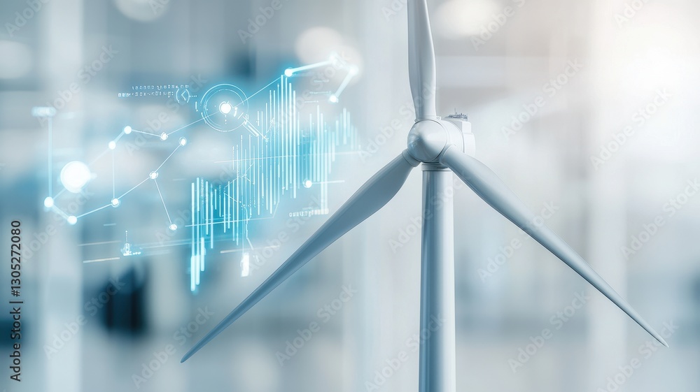 Poster development, resources, and implementation. wind turbine with digital analytics overlay in a modern,