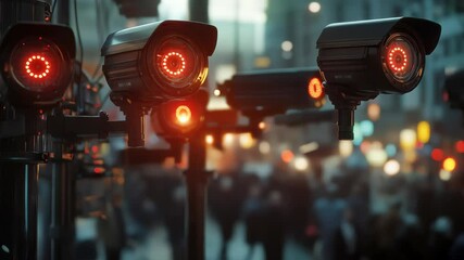 Night city street showing blurred crowd moving past multiple security cameras with glowing red lights capturing surveillance and privacy concerns urban environment Concept criminal security and data